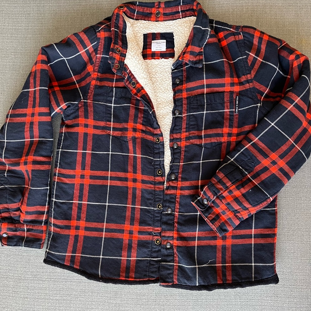 Polarn O. Pyret kids flannel jacket. Orange and blue. Size 8/9 YRS